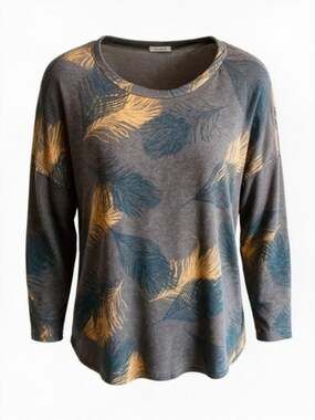 Viamor Women’s 1X Charcoal Gray Feather Print Long Sleeve Top Teal Gold